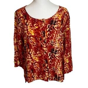 Peter Nygard Size 10 Petite Red and Orange Print Blouse